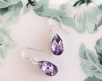 Swarovski Dangle Earrings/Lilac Violet Earrings/Teardrop Crystal/Purple Earrings Sterling Silver/Purple Bridal Jewelry/Gift For Wife, Mum