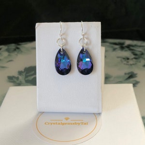 Blue Purple Swarovski Crystal Dangle Earrings Sterling Silver/Stylish Teardrop Heliotrope Earrings/Birthday Gift For Mum/Gift for Wife