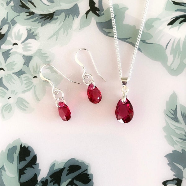 Swarovski Crystal Teardrop Jewellery Set, Dainty Ruby Red Necklace and Earrings Sterling Silver, Ruby Bridal Jewelry Set, Bridesmaid Jewelry