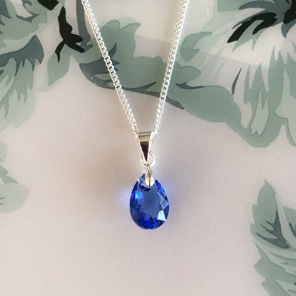 Swarovski Crystal Blue Sapphire Colour Dainty Pendant Necklace/Sterling Silver Blue Teardrop Necklace/September Birthstone/Birthday Gift