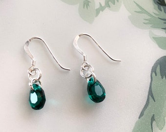 Emerald Green Swarovski Crystal Teardrop Earrings: Sterling Silver, May Birthstone