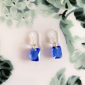 Blue Sapphire Swarovski Crystal Earrings, Sterling Silver, Emerald Cut Dangle Earrings