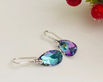 Swarovski Crystal Teardrop Earrings/Purple Green Teal Blue Earrings/Bridal Crystal Sparkly Dangle Earrings/Special Birthday Gift for Mum