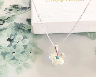 Aurora Borealis Necklace, Swarovski Crystal Flower Necklace, Dainty Crystal Sterling Silver Jewellery, Flower girl Gift, 16th Birthday Gift