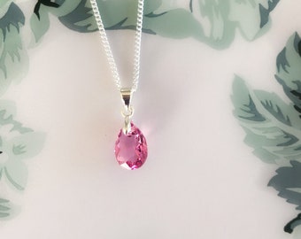 Swarovski Crystal Rose Pink Dainty Pendant Necklace/Sterling Silver Pink Teardrop Necklace/21st Birthday Gift/Present For Daughter