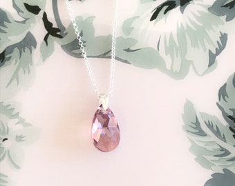 Light Amethyst Shimmer Swarovski Crystal Necklace, Sterling Silver Teardrop Pendant