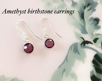 Dainty Birthstone Earrings Sterling Silver/Swarovski Crystal Birthstone Drop Earrings/Personalised Birthday Gift/February Birthstone Gift