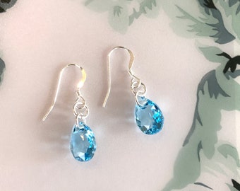 Swarovski Crystal Aquamarine Teardrop Earrings Sterling Silver/Dainty Dangle Blue Bridesmaid Earrings/March Birthstone/March Birthday Gift