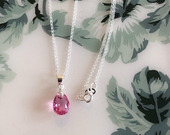 Swarovski Crystal Rose Pink Teardrop Pendant Necklace/Sterling Silver Pink Teardrop Necklace/Birthday Gift for Sister