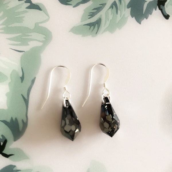 Swarovski Crystal Black Teardrop Earrings Sterling Silver/Black Crystal Drop Earrings/Silver Night Earrings/Bridesmaid Jewelry/Birthday Gift