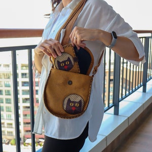 Conjunto de cartera y bolso con diseño de gato, bandolera de cuero, monedero vegano, bandolera auténtica, bandolera grabada, tarjetero para regalo.