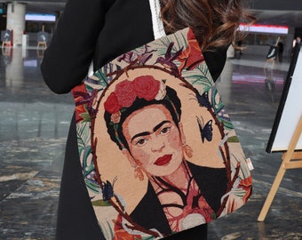 Frida Khalo Beige Shoulder Bag|Frida Kahlo Gobelin Tapestry Tote Bag|Boho Style Belgian Tapestry Handbag|Large Capacity Shopping Bag for Her