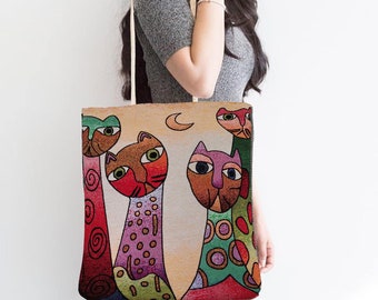 Gobelin Tapestry Shoulder Bag|Cute Cats Tapestry Bag|Gift Handbag For Her|Woven Tapestry Fabric|Cat Print Tote Bag|Cat Lover Gift For Mom