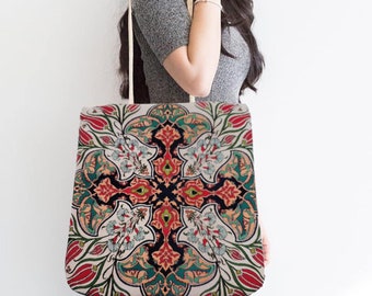 Ethnic Woven Shopping Bag|Belgian Tapestry Tote Bag|Gobelin Tapestry Shoulder Bag|Turkish Tulips Tile Pattern Bag|Gift Handbag For Women