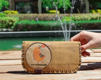 Portefeuille en cuir avec oiseau mignon | Porte-monnaie hippie en nubuck | Sac à main bohème | Porte-monnaie bohème | Porte-cartes vintage | Porte-monnaie végétalien cousu main pour femme