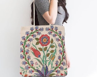 Gobelin Tapestry Shoulder Bag|Turkish Tulip Tile Pattern Bag|Gift Handbag For Women|Woven Tapestry Fabric|Belgian Tapestry Vintage Tote Bag