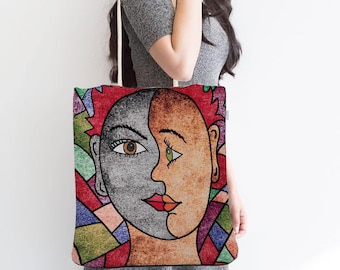Gobelin Tapestry Tote Bag: Woman Face Woven Shoulder Bag