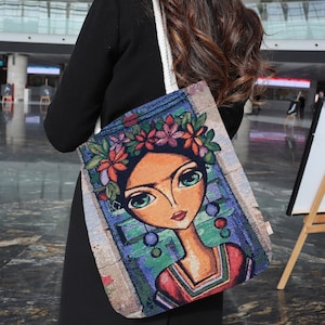 Sac à bandoulière Frida Khalo Gobelin|Sac fourre-tout en tapisserie de fleurs|Sac à main en tissu de style bohème|Sac messager pour femme|Cartable pour livres d'école|Cadeau pour elle