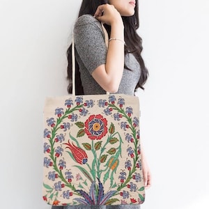 Gobelin Tapisserie Schultertasche|Türkische Tulpen Muster Tasche|Geschenk Handtasche für Frauen|Gewebter Wandbehang|Belgischer Gobelin Vintage Einkaufstasche