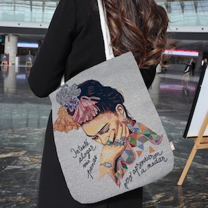 Frida Kahlo Gobelin Umhängetasche|Beige Frida Khalo Einkaufstasche|Handtasche für Frauen|Umhängetasche|Buch-Einkaufstasche|Große Shopper-Tasche|Tagestasche