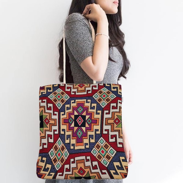 Woven Tapestry Fabric Bag|Gobelin Tapestry Shoulder Bag|Rug Design Gift Handbag For Women|Ethnic Vintage Carpet Bag|Authentic Kilim Tote Bag