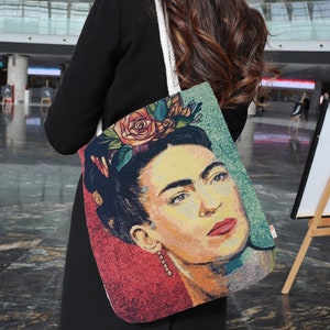 Frida Kahlo Gobelin Wandtasche|Grüne und Rote Design Umhängetasche|Frida Khalo Einkaufstasche|Handtasche für Frauen|Weekender Tote Bag|Tagestasche