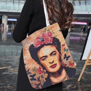 Sac à bandoulière Frida Kahlo|Sac cabas en tapisserie des Gobelins avec motif papillon|Sac Frida Khalo|Sac cabas réutilisable|Sac de plage d'été pour elle