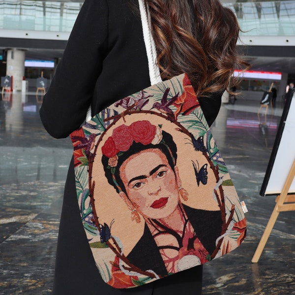 Frida Khalo Beige Shoulder Bag|Frida Kahlo Gobelin Tapestry Tote Bag|Boho Style Belgian Tapestry Handbag|Large Capacity Shopping Bag for Her