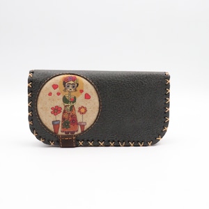 Cartera de piel sintética estilo Frida Kahlo/Cartera de piel vegana/Monedero Frida Kahlo/Monedero artesanal/Tarjetero/Monedero bohemio pequeño