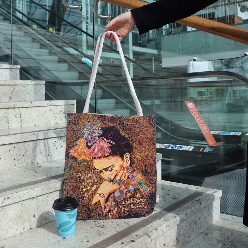 Frida Kahlo Shoulder BagGobelin Tapestry Tote BagFrida Khalo Flowers HandbagFabric Shoulder PurseBig Shopping BagBook Messenger Bag image 7