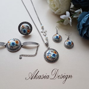 Embroidered Jewelry Set|Personalized Blue Orange Floral Embroidery Jewelry|Vintage Embroidered Pendant,Bracelet,Earrings,Ring|Gift for her