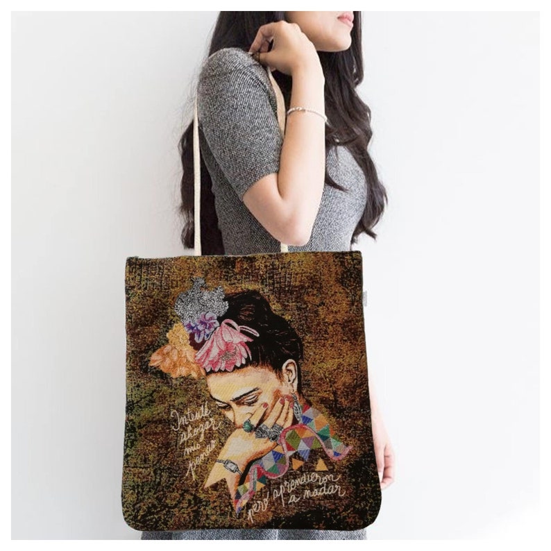 Frida Kahlo Shoulder BagGobelin Tapestry Tote BagFrida Khalo Flowers HandbagFabric Shoulder PurseBig Shopping BagBook Messenger Bag image 2