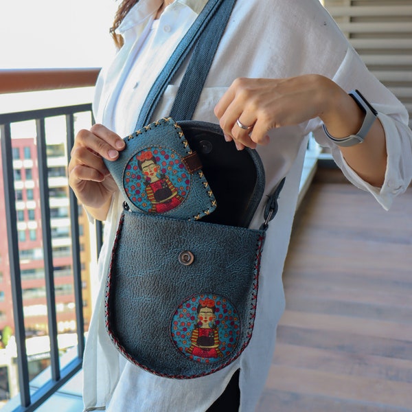 Frida Khalo Bag Wallet Set for Women|Leather Crossbody Bag|Vegan Coin Purse|Vintage Style Shoulder Bag|Daily Tote Bag|Credit Card Holder