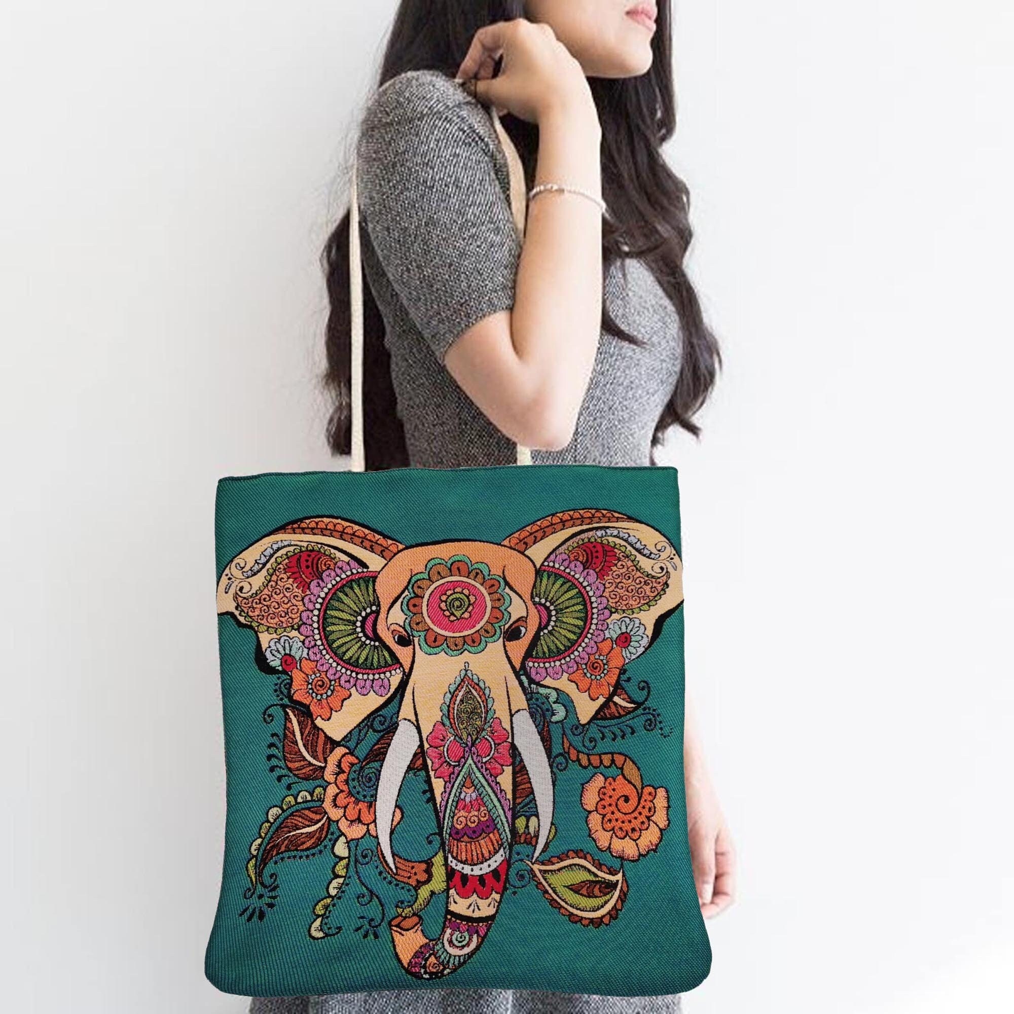 Elephant Tapestry Tote Bag: Woven Animal Print Shoulder Bag - Etsy