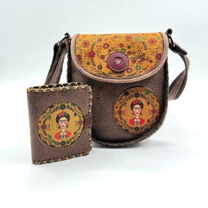 Frida Kahlo portefeuilleset van kunstleertassen|Veganistische crossbodytas|Portemonnee dames|Vintage stijl schoudertas|Gegraveerde dagelijkse tas|Kaarthouder