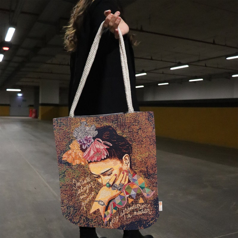 Frida Kahlo Shoulder BagGobelin Tapestry Tote BagFrida Khalo Flowers HandbagFabric Shoulder PurseBig Shopping BagBook Messenger Bag image 1