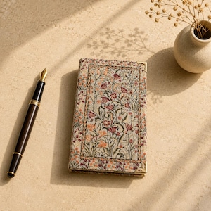 May include: A rectangular notebook with a woven fabric cover featuring a multi-colored floral pattern in shades of red, orange, and green, accented with gold-toned metal corner protectors, positioned next to a black fountain pen with gold trim.