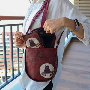 Conjunto de carteira com bolsa de gato e peixe | Bolsa transversal de couro | Presente vegano para dinheiro | Bolsa tote estilo vintage | Bolsa para o dia a dia gravada | Porta-cartão de crédito pequeno