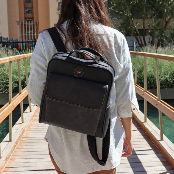 Black Vegan Leather Backpack|Vintage Style Crossbody School Bag|Lightweight Macbook Bag|Convertible Tote Bag|Multi Pockets Large Travel Bag