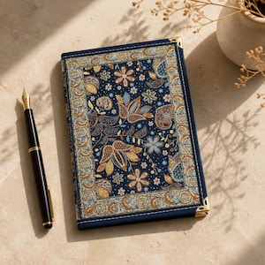 May include: A rectangular notebook with a dark blue cover featuring a gold and light blue floral pattern, framed by a decorative border and gold-toned metal corner protectors, accompanied by a black fountain pen with gold-colored accents.