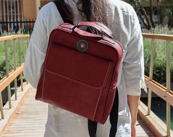Burgundy Faux Leather Backpack | Convertible Crossbody Laptop Bag
