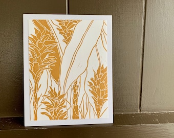 Handmade original Linocut print block of tropical Hawaiian topless woman with pineapple and sword