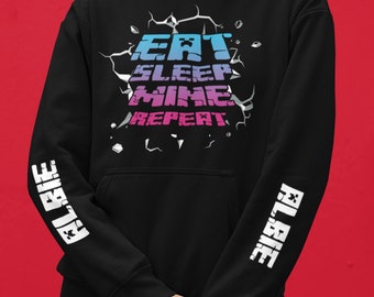 Personalised Eat Sleep Mine Repeat Hoodie With Name on Sleeve for Minecraft Fans Gamers