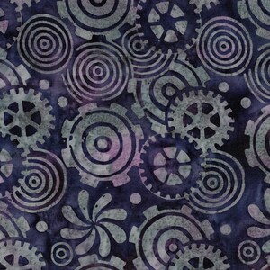 May include: A seamless pattern featuring a repeating design of gears and circles in shades of gray and purple on a dark blue background.