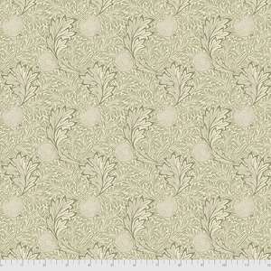 May include: A fabric pattern with a repeating design of stylized leaves and fruit in green and beige tones. The design has a vintage, botanical aesthetic, suitable for home decor or crafting projects. The pattern repeats across the fabric.