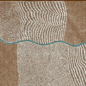 May include: Abstract art print featuring a brown and white pattern. The pattern is composed of small dots and lines. A blue line runs across the centre of the print.