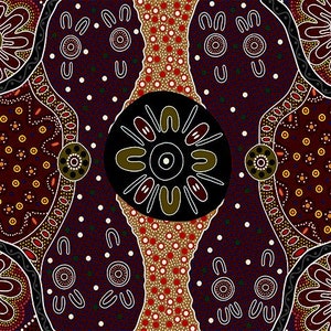 May include: Abstract art print featuring a circular design with black, white, red, and green colors. The design is surrounded by a pattern of dots and lines.