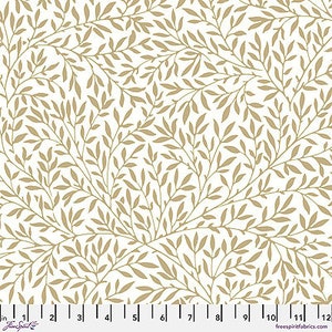 May include: White fabric with a gold leaf pattern. The leaves are arranged in a repeating pattern, creating a delicate and elegant design.