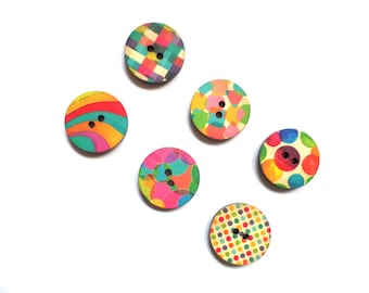 Set of 6 Assorted Polyester Buttons Multicolor Geometric Print, Two Holes, 12mm, 15mm, 20mm