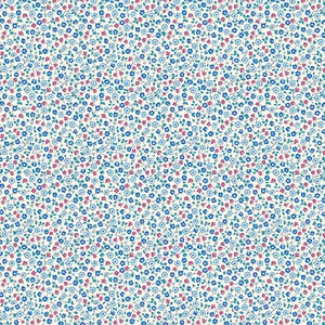 May include: A fabric featuring a dense floral pattern. Tiny blue and pink flowers, accompanied by green leaves, are arranged across a cream-coloured background. The design is intricate, creating a delicate and visually rich texture.